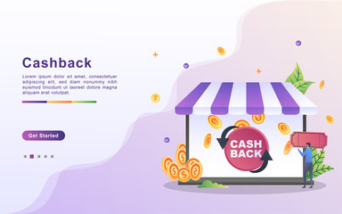 Naklejka premium Cash back or money refund concept. Ecommerce business profit, earn money, online shop, reward program, get vouchers and discounts. Can use for web landing page, banner, mobile app. Vector Illustration