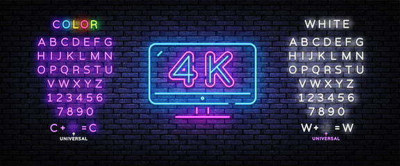 4k Quality Video neon sign vector. Monitor 4k Design template neon sign, light banner, nightly bright advertising, light inscription. Vector illustration. Editing text neon sign