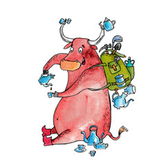 bull drinks tea from a tea set. Watercolor illustration with a bull, symbol of the new year 2021