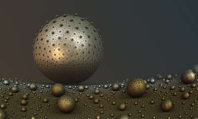 Abstract background 3D fantastic gold structures, metallic spheres render illustration.