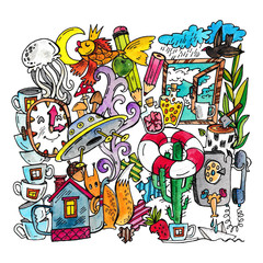 Doodle illustration, a lot of different objects, animals, plants, food