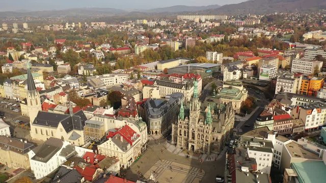 Scenic view from drone of Liberec cityscape with ancient Town Hall on sunny autumn day, Czech Republic