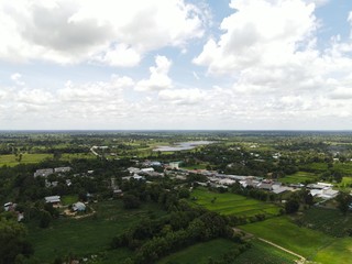 Fototapeta na wymiar Aerial view of the village photographed with a drone at Phusing Sisaket Thailand.