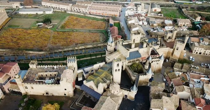 Aerial view of impressive medieval Royal Palace of Olite in autumn day, Navarre, Spain