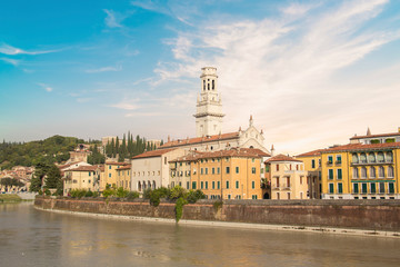 Fototapeta na wymiar Beautiful view of the embankment of the Adige river in Verona, Italy