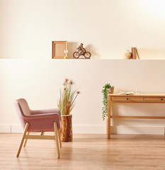 Modern and new style decorative wooden table and chair concept in the room, yellow background wall...
