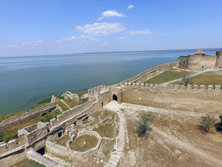 View of the Akkerman fortress from the drone which is on the bank of the Dniester estuary, in...
