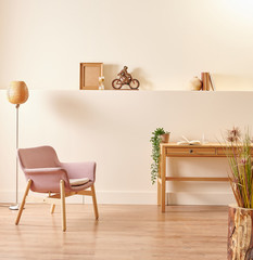 Wooden leg chair and home concept, table and lamp decor.
