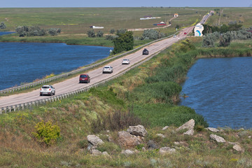 Ablyamitsky bridge over Lake Donuzlav at the entrance to the Black Sea region of Crimea