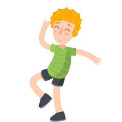 Red hair boy dancing. Man in green clothes and shorts on move.