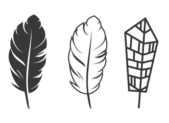 Set of hand drawn feathers shapes in different style. Minimalistic monochrome cartoon design elements isolated on white background. Vector illustration.