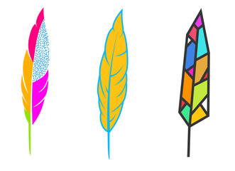 Set of hand drawn feathers shapes in different style. Minimalistic color cartoon design elements isolated on white background. Vector illustration.