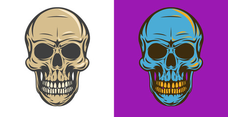 Vintage colorful human skull isolated on simple background. Bright hand drawn design element template for emblem, print, cover, poster. Vivid vector illustration.
