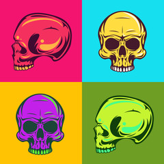 Vintage colorful human skull isolated on simple background. Bright hand drawn design element template for emblem, print, cover, poster. Vivid vector illustration.