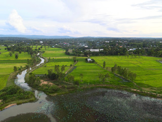 village near the water source landscape at Phusing Sisaket Thailand.