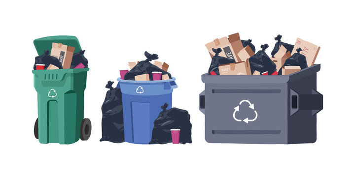 House trash bin. Cardboard box. Heap of rubbish. Garbage bag. Container. Vector illustration.