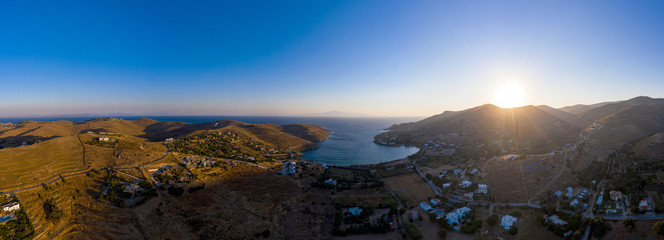Kea Tzia island, Cyclades, Greece. Panorama of Otzias bay at sunrise