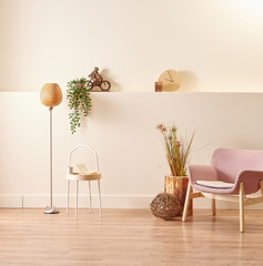 Modern and new style decorative wooden table and chair concept in the room, yellow background wall style with accessory book and lamp.