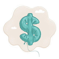 Cartoon illustration of Green symbol dollar made of inflatable balloon isolated on white background.
