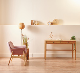 Wooden chair, table, lamp and book style, home decor, wall background.