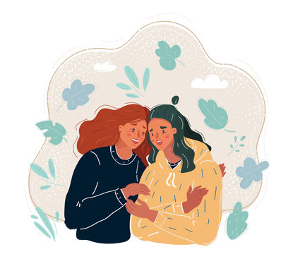 Vector Illustration Of Two Friends. Women Hugging Each Other. Friendship Concept.