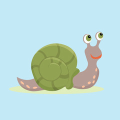 Cute snail cartoon on blue background. Vector flat illustration.