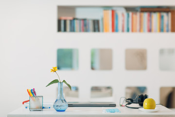 Modern house interior workspace with a silver laptop, headphones, vase, flower, apple, face mask and pens on the table with white wall background and book shelf. © primipil