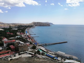 beach, sun, view from a height, sea, rocks, mountains