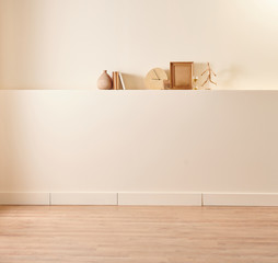 Modern and new style decorative wooden table and chair concept in the room, yellow background wall...