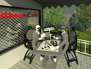 Chess game 3D illustration. Two characters in black and white playing chess on the cafeteria garden terrace, holding slogans. Collection.