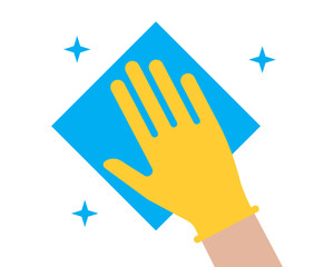 Hand in glove wipes dust with a napkin icon. Vector illustration.