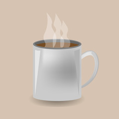 White cup with coffee on light brown background. Decoration for cafes, coffee houses. Vector illustration