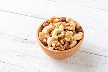 Various kinds of nuts in bowl on wooden background. Top view