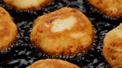 fried cottage cheese cakes on pan, close up