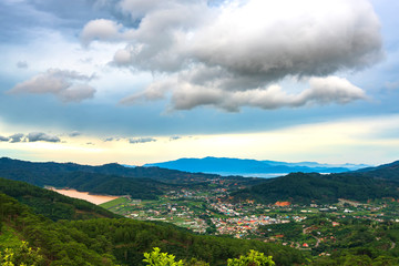 Small town in the valley at dawn, where mountains are crossed by beautiful passes in the highlands of Vietnam