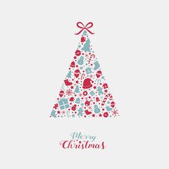 Christmas tree with festive elements and wishes. Xmas greeting card. Vector