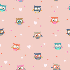 Cute little owls with hearts seamless pattern design. Adorable birds illustration in vector