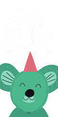 Kids party banner with koala and copy space for text. Hand drawn graphic for typography poster, card, label, flyer, page, banner, baby wear, nursery. Vector illustration