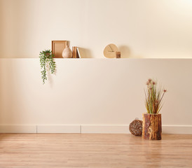 Decorative wall, wooden objects vase of plant and book style, home decoration interior.
