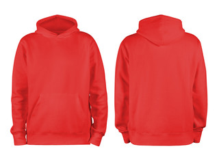 Men's red blank hoodie template,from two sides, natural shape on invisible mannequin, for your design mockup for print, isolated on white background