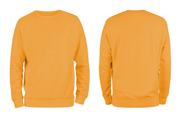 Men's orange blank sweatshirt template,from two sides, natural shape on invisible mannequin, for your design mockup for print, isolated on white background..