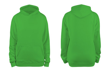 woman's green  blank hoodie template,from two sides, natural shape on invisible mannequin, for your design mockup for print, isolated on white background.