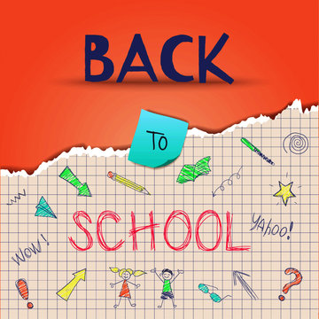 Back to school vector illustration in the square format. Flat cartoon design. Torn paper with doodles.