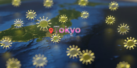 Sunny weather icons near Tokyo city on the map, weather forecast related 3D rendering
