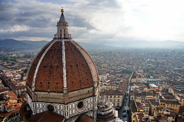 Top view of Santa Maria del Fiore duomo church and Florence old city skyline in Italy