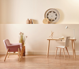 Modern and new style decorative wooden table and chair concept in the room, yellow background wall style with accessory book and lamp.