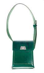 above view of handmade green leather tablet bag isolated on white background