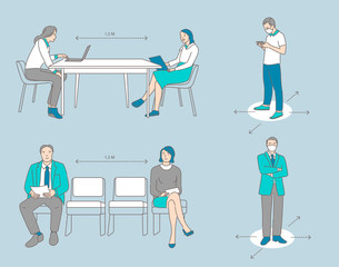 People keeping safe social distance in the line, at work in office, and at the public to prevent Coronavirus outbreak vector cartoon outline illustration. Life after global pandemic of Covid-19.