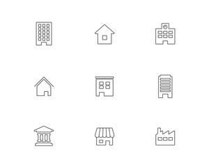 色々な建物 施設のアイコンセット ビル 家 イラスト 住宅 マンション ホテル お店 学校 病院 Wall Mural Yugoro