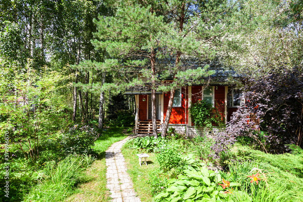 Sticker wooden country house in overgrown ornamental garden in russia on sunny summer